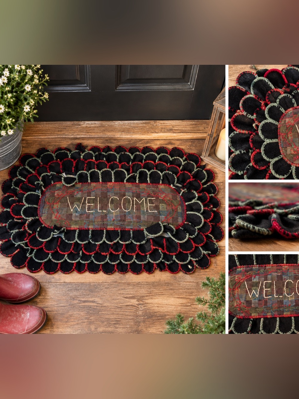 Rustic Welcome Mat Scalloped Black Red Green Stitching
